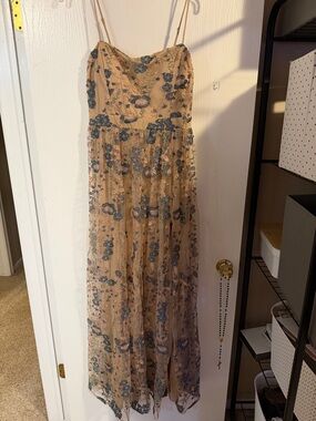 DEVON WINDSOR Beige Maxi Dress with Blue Floral Embroidery